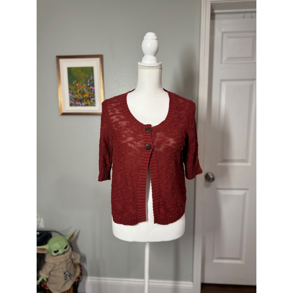 Liz & Co. Red Knit Short Sleeve Cardigan Sweater Women's Medium